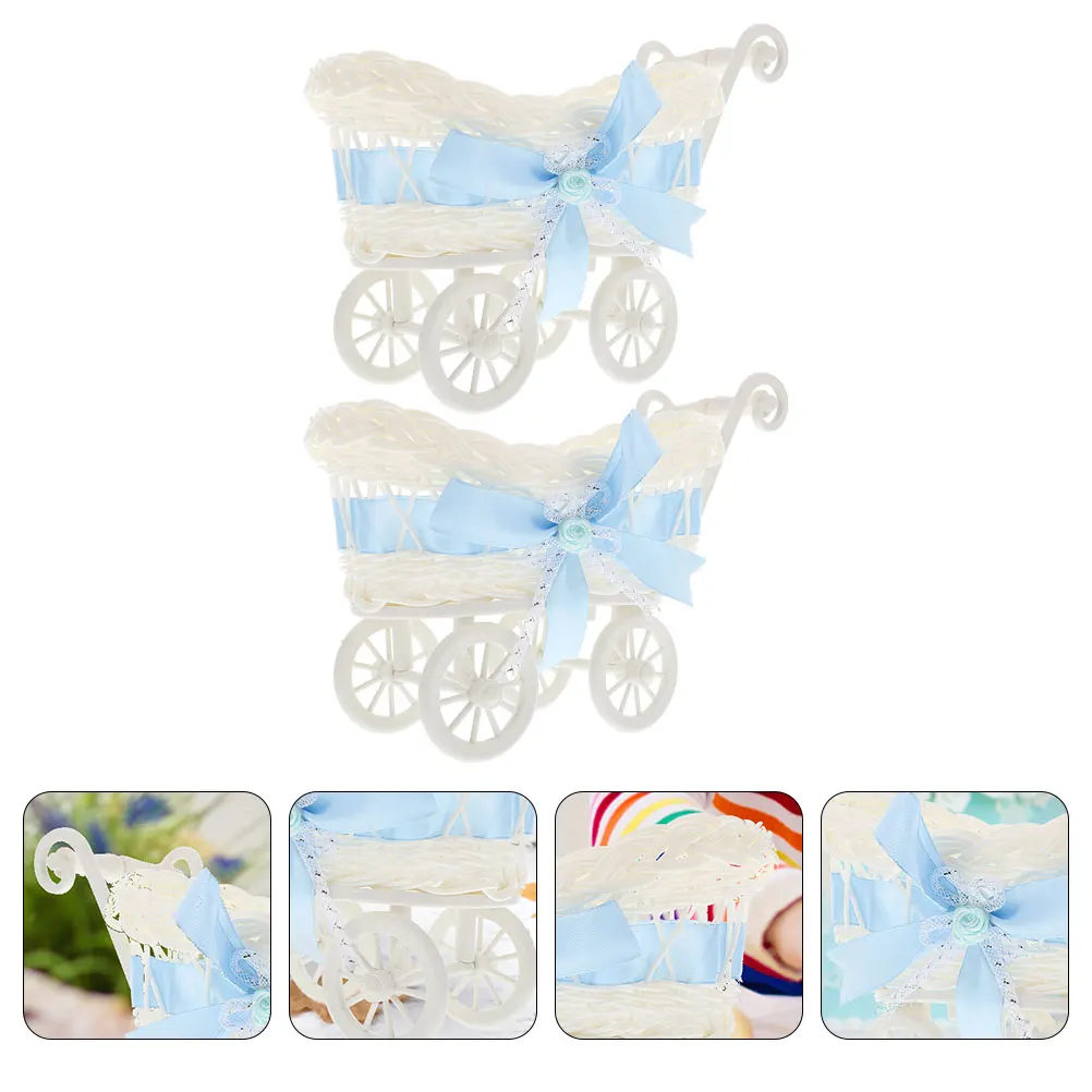 

2pcs Blue Woven Rattan Stroller Candy Basket for Baby Shower Decorations Party Favors Storage Home Adorable Gift