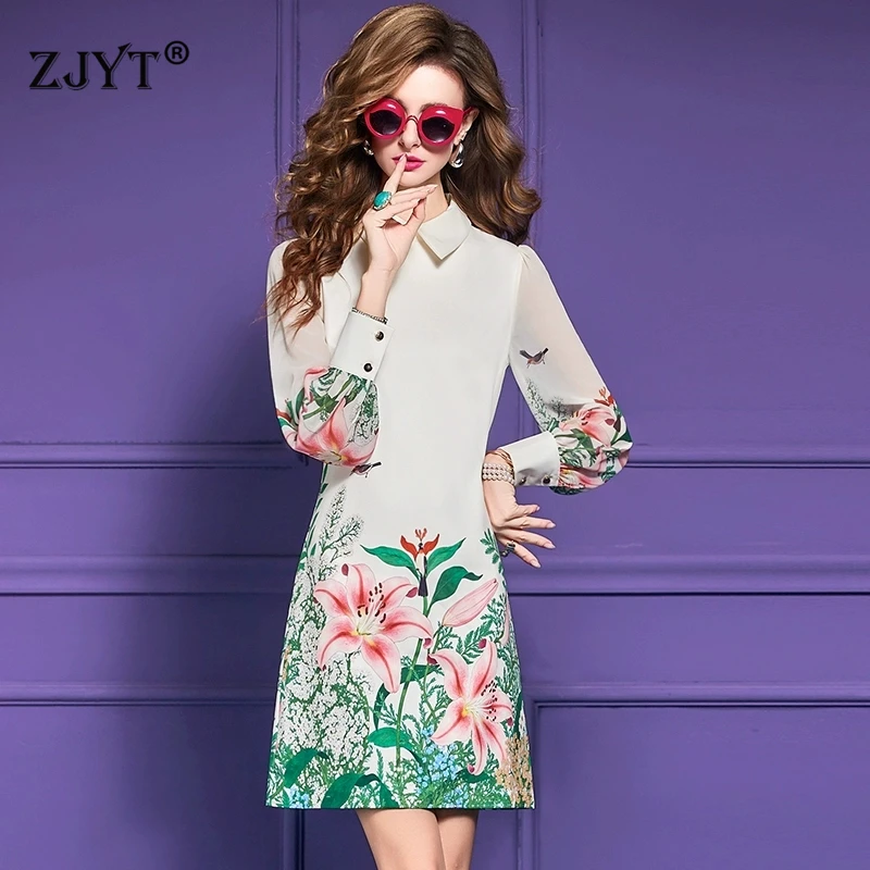 فستان ZJYT خريفي جديد بأكمام طويلة مطبوع عليه زهور للنساء موضة 2025 بياقة مقلوبة وخصر فضفاض فستان كلاسيكي غير رسمي للسيدات باللون الأبيض