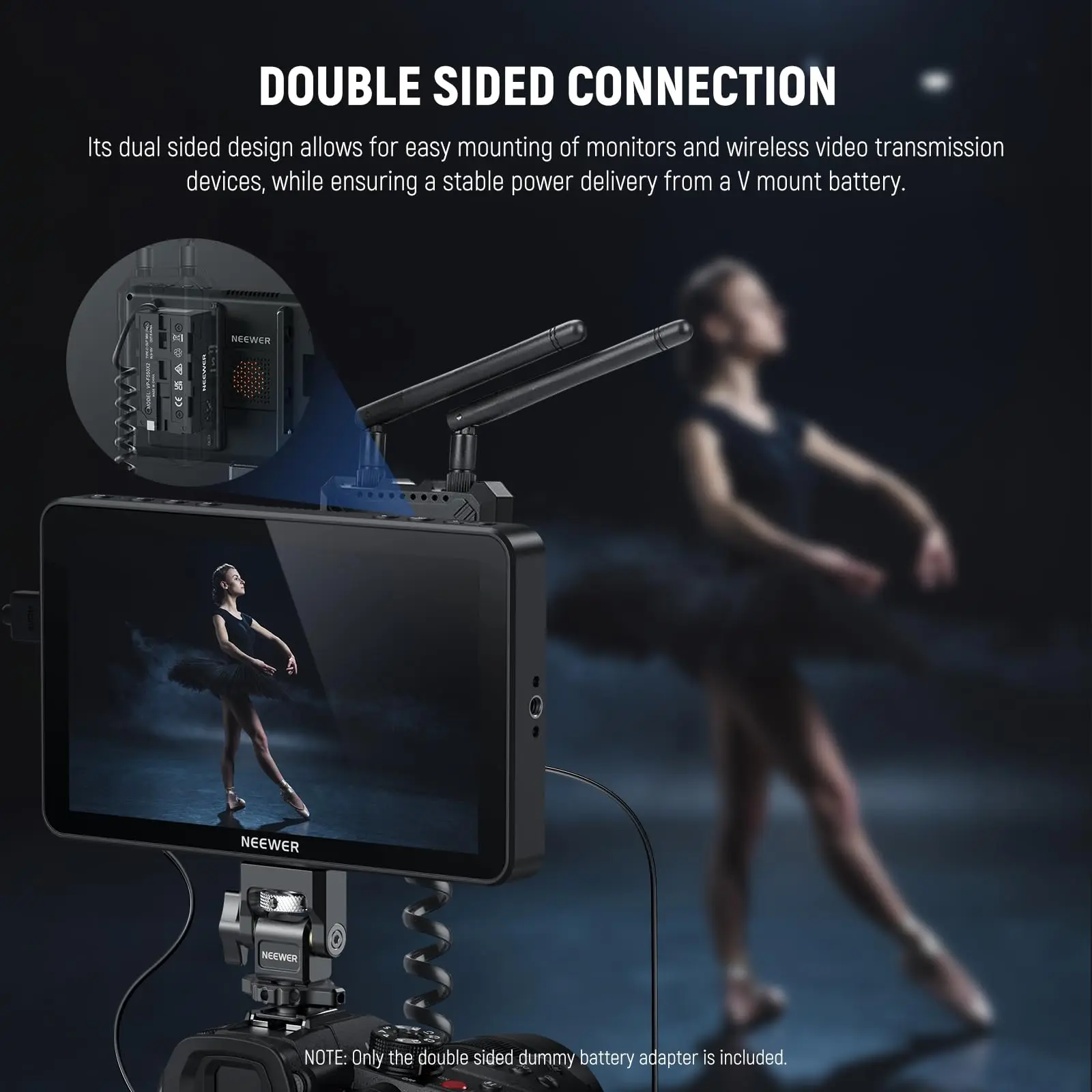 NEEWER Dual Side Dummy Battery Adapter with Display for Atomos Ninja Shinobi Monitors DJI SDR Video Transmitter Sony NP-F970/750 - view 3