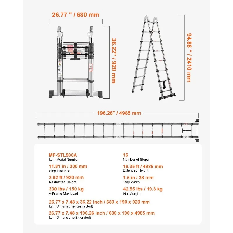 Telescoping Ladder A-Frame Stainless Steel Extension Step 16.5ft Portable Ladder