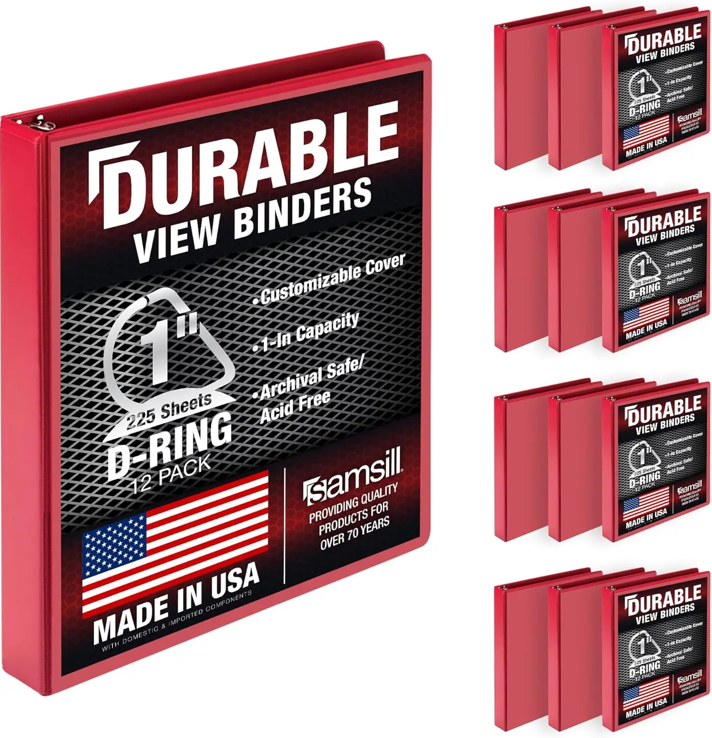 

Durable 1 Inch 3 Ring Binder, D Ring Binder, 100% Recycled Chipboard, Red, 12 Pack