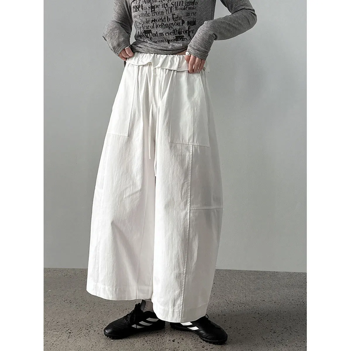 Women Solid Wide Leg Pants Cargo Trousers Ankle Lenth Elastic Drawstring Waist Slight Strech Loose Elegant Casual 2026 Spring