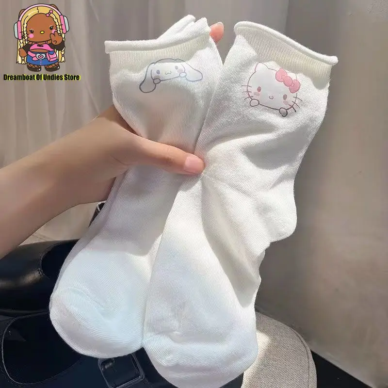 Cinnamoroll HelloKitty Cartoon Anime Soft Cute Women Mid-calf Socks All-season Absorbent Breathable White Socks Moisture Wicking