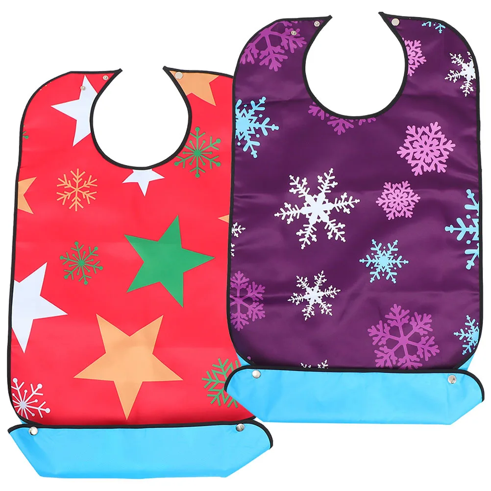

2pcs Christmas Adult Bib Adjustable Snap Buckle Waterproof Eating Bib For Seniors Elderly Disabled Women Large Print Xmas Themed