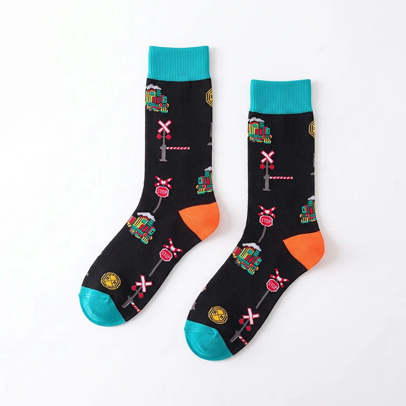 1 Pair of Unisex Socks with Black Base, Vintage Colorful Train Railway Warning Stop Sign Emblem, Full-Print Pattern, Teal Blue Socks with Orange Sock Tops and Heels, Mid-Calf Length, Sweat-Absorbent and Breathable, Vintage Industrial Style Trendy Socks, Everyday Wear Couple Mid-Calf Socks