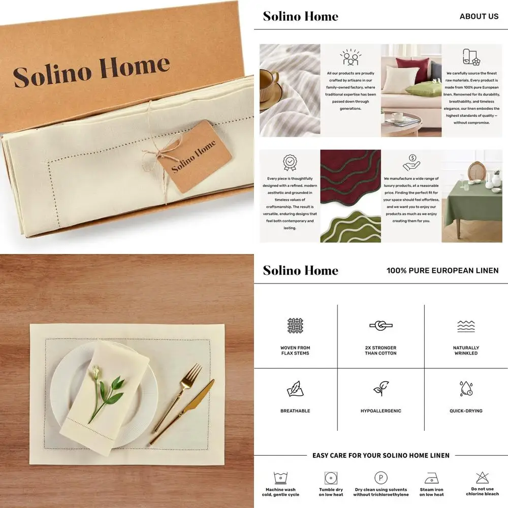 

Set of 4 Creamy Ivory 100% Linen Placemats, 14x19 Inches, Hemstitched, Machine Washable - Elegant Table Linens for Christmas