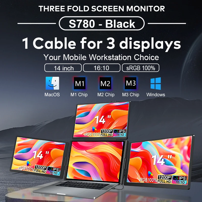 Trifold 360°Rotation 1 Cable for 2 Portable USB LCD QUAD Monitor 14 Inch Placed on Desk Compatible with M1,M2,M3 Mac 12-17''