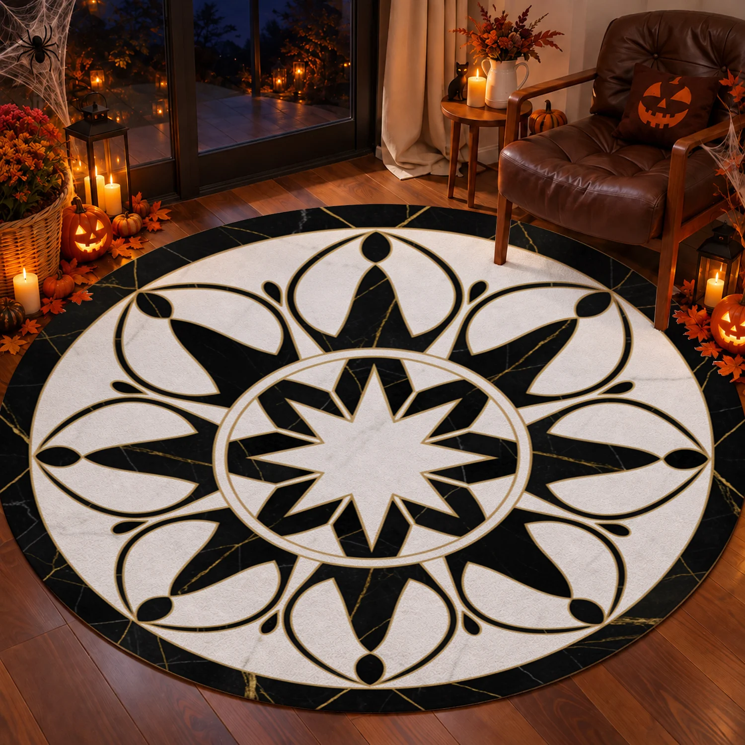 Round Black White Gold Mandala Star Pattern Area Rug Velvet Machine Washable Floor Mat for Living Room Bedroom Dining Area Entryway Ideal for Halloween Thanksgiving Christmas New Year Black Friday Cyber Monday Decor