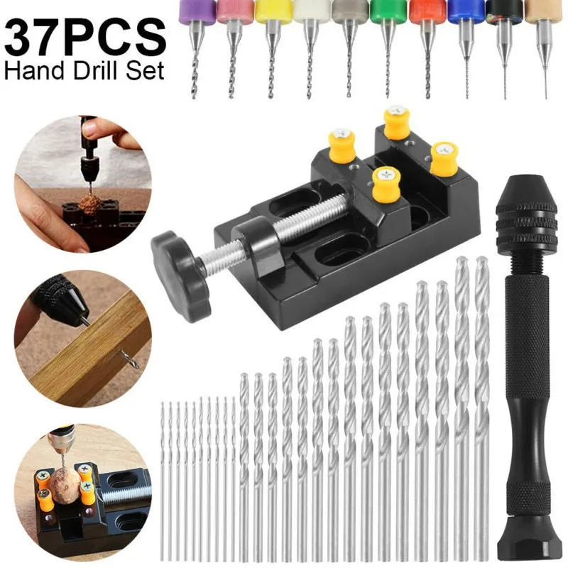 37Pcs Portable Hand Twist Drill Set Include Pin Vise Hand Drill with Miniature Drill Micro Mini Twist Drill Bit and Bench Vice