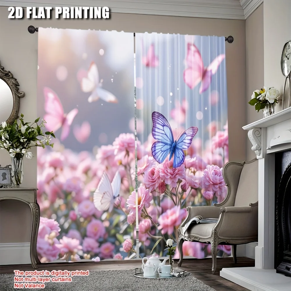Soft Pink Peony Butterfly Curtain 2 Panels, Delicate Blue Butterflies Blush Peony Glowing Bokeh Print Warm Tone Bedroom Curtain