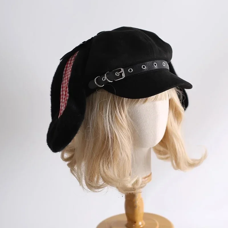 Japanese New Women Watercolor Plaid Rabbit Hat Harajuku Lolita Subculture Beret Y2K Punk Cute Decorative Girl Sun hats