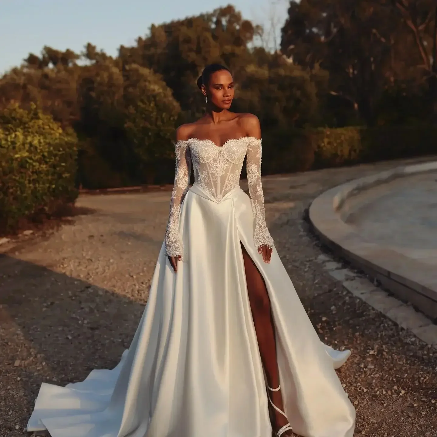 Элегантное кружевное свадебное платье с открытыми плечами, атласное бальное платье для невесты, платья с длинными рукавами, Vestidos De Novia по индивидуальному заказу