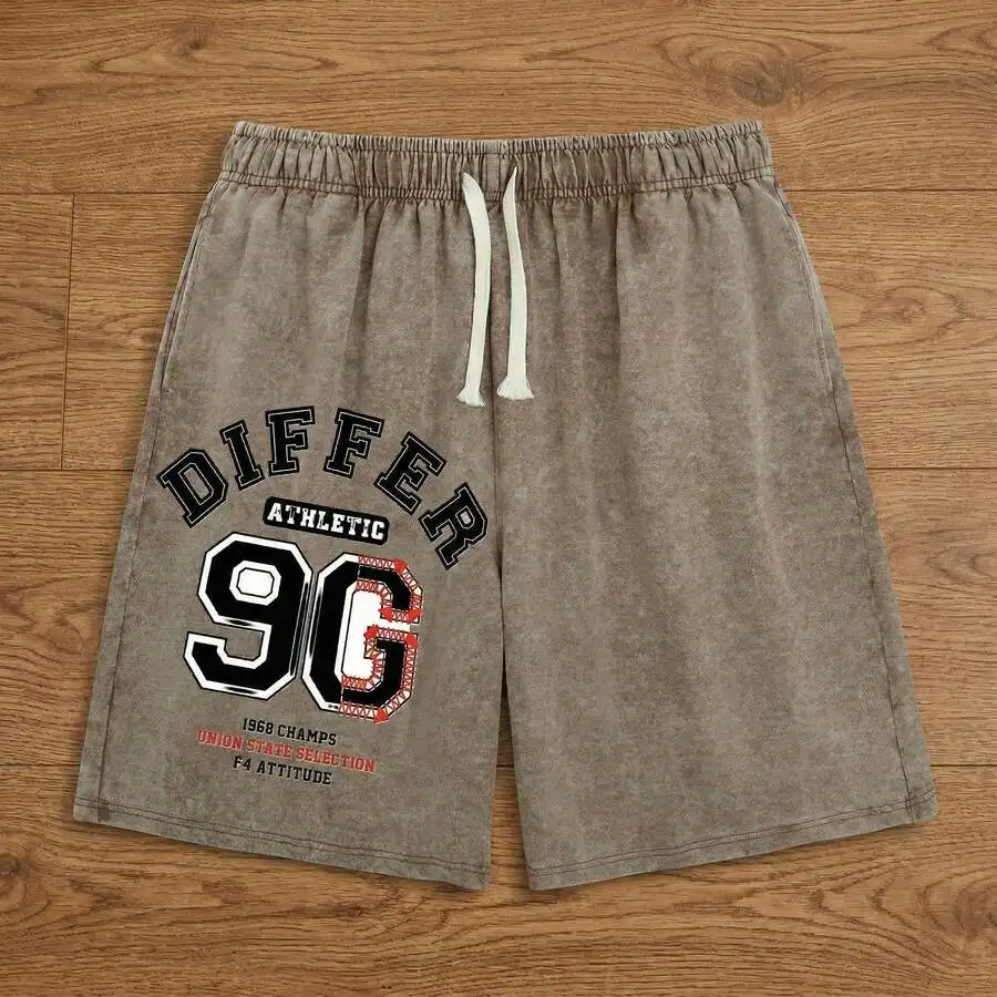 

Mens Vintage Washed Cotton Print Shorts Elastic Waist Drawstring Casual Summer Streetwear