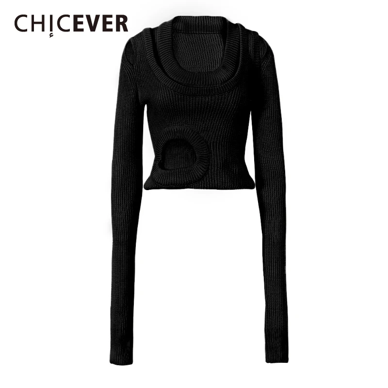 

CHICEVER дизайнерские утягивающие короткие топы для женщин, большой круглый вырез, длинный рукав, полый двухслойный модный свитер, женский весенний