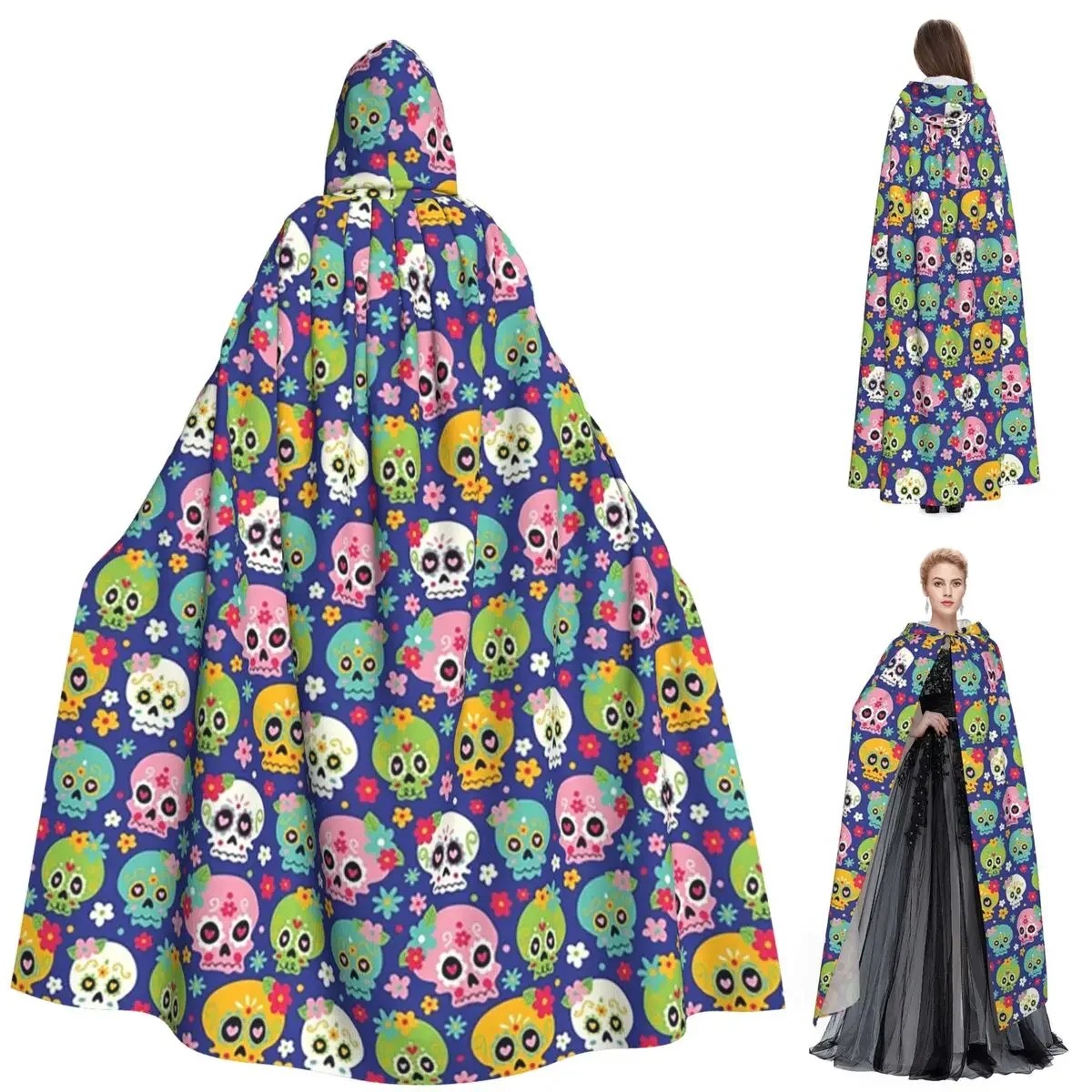 

Colorful Sugar Skull Halloween Skeleton Long Hooded Cloak Witch Medieval Costume Cosplay Cape HalloweenCoat Adult Unisex