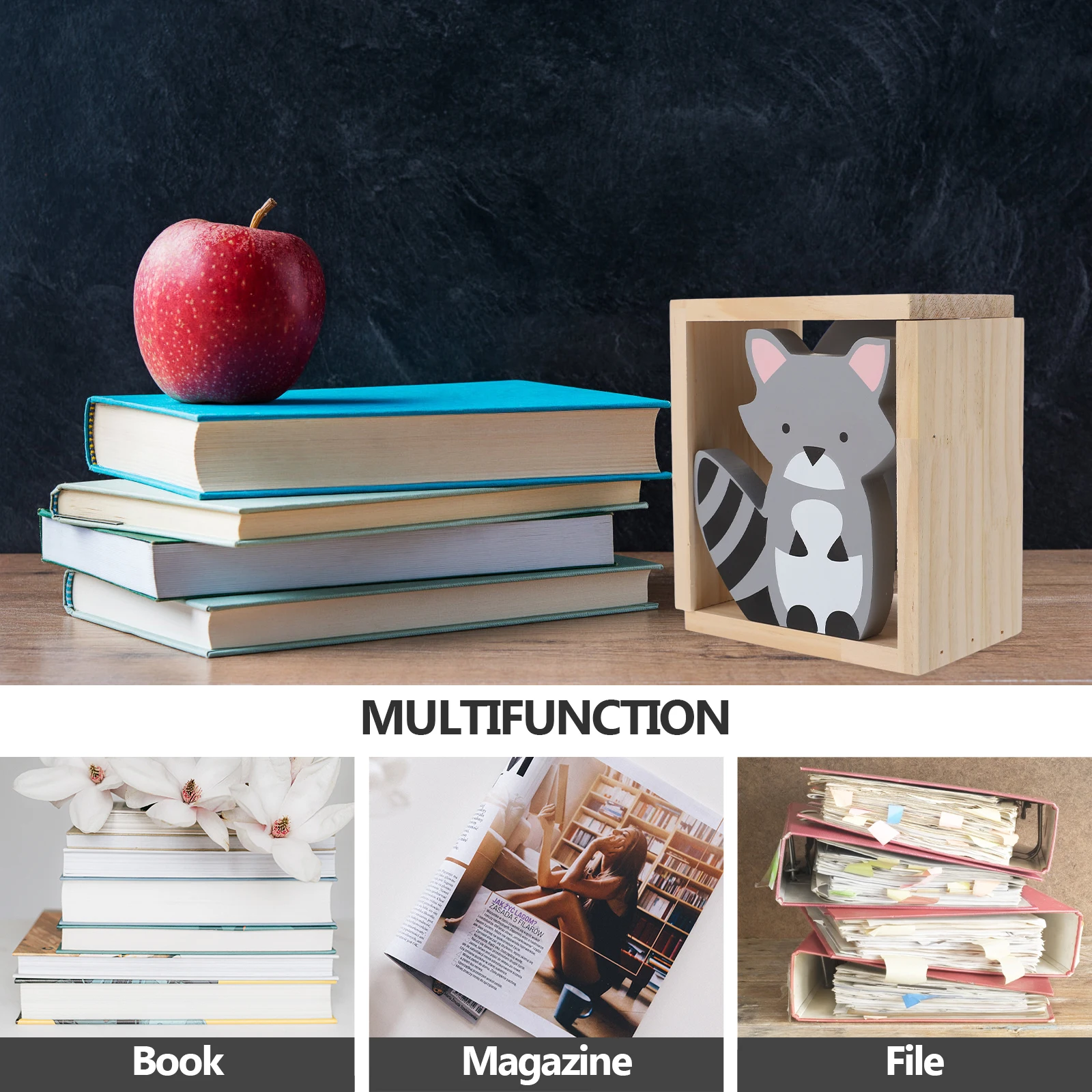

Wooden Bookends Retro Home Office ganizer Decorative Raccoon Shape Desk Accessories Book Supports Sturdy Timber Material Long