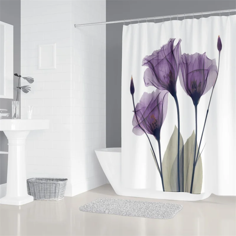 Flowers Print Shower Curtain Nordic Bath Curtain Waterproof Anti-slip Plants Bath Mat Set Bathroom Decorative Carpet Toilet Rugs