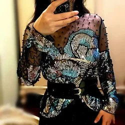 Luxury Women Sequins Floral Embroidery Golden Blouses Chic Ins Shirts Irregular Beadings Blousa Party Woman Sexy Club Tops NS101