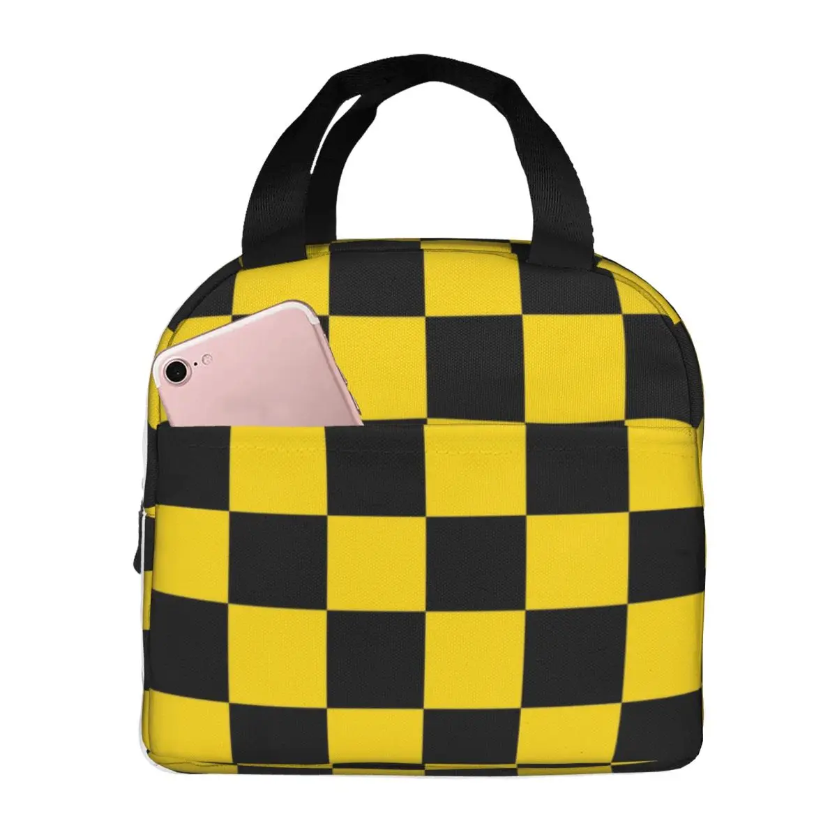 Black And Gold Yellow Checkerboard Plaid Insulated Lunch Bag for School Office Waterproof Thermal Cooler Lunch Box