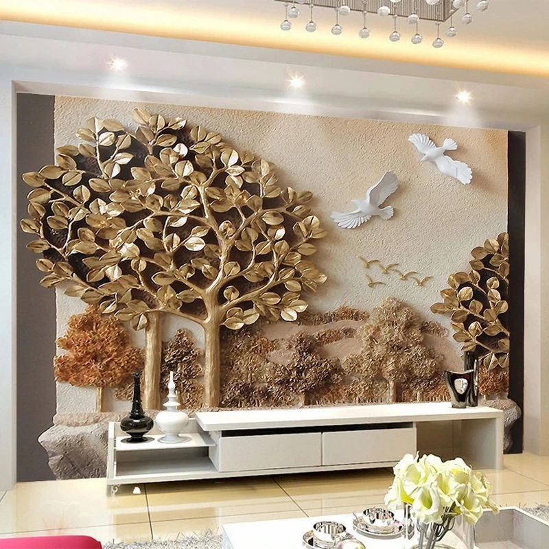 

Custom Size Mural Wallpaper Retro 3D Embossed Tree Forest Painting TV Backdrop Wall Home Decoration Non-woven Oil Canvas Fresco