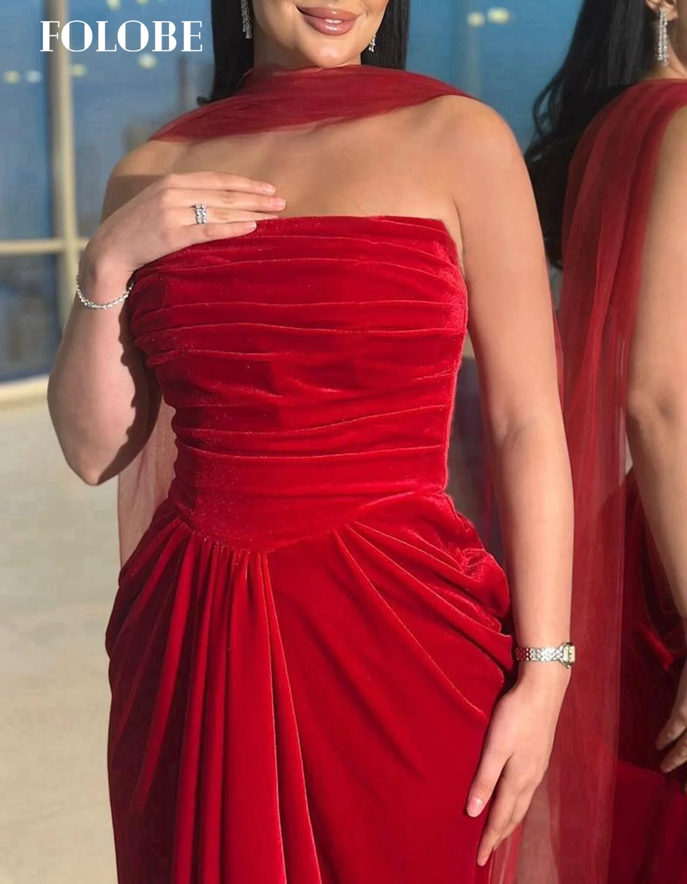 FOLOBE strapless rode geplooide avondjurken elegante zeemeermin fluwelen galajurken voor vrouwen zeemeermin trouwjurk op maat