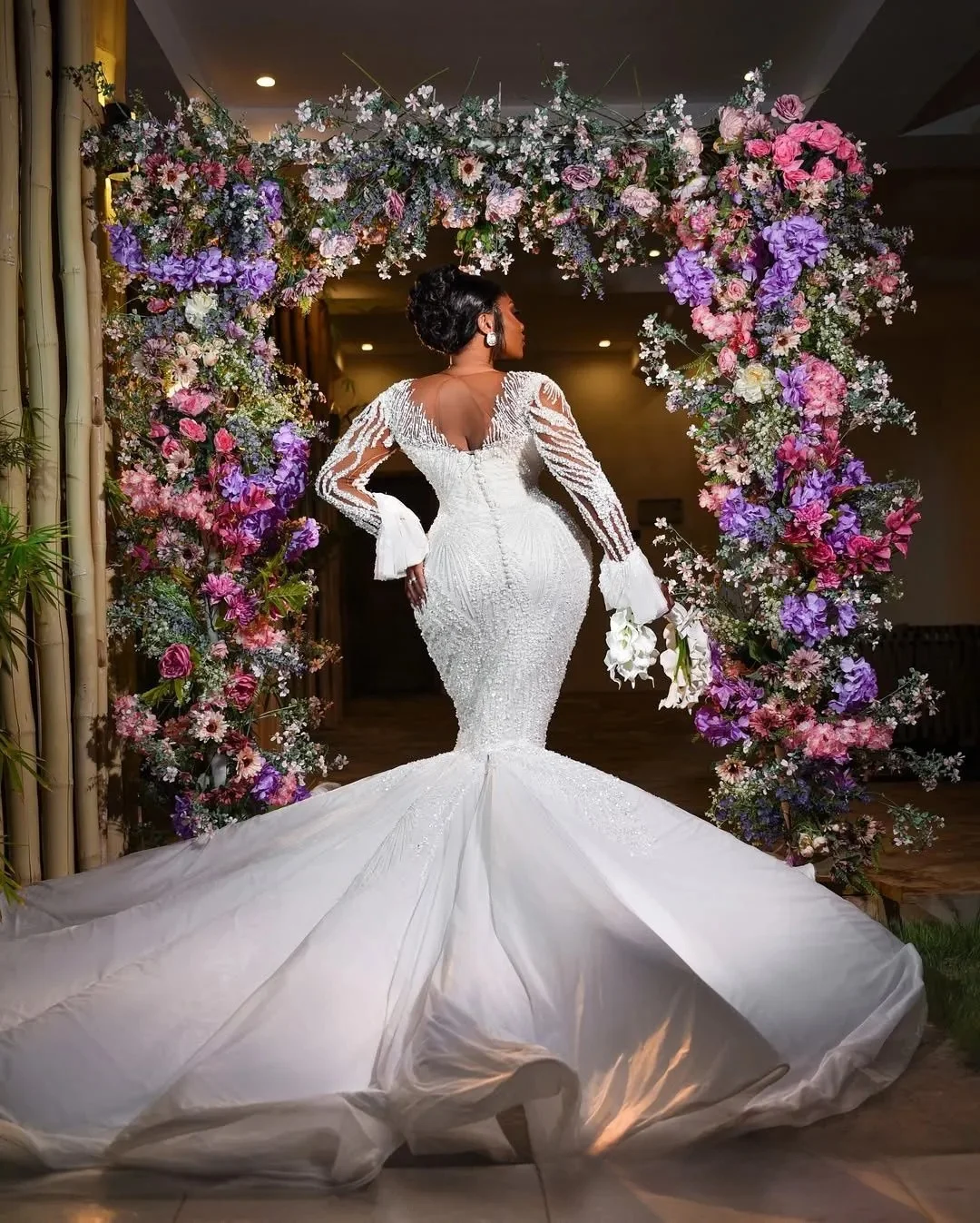 Customized Plus Size Mermaid Wedding Dress Bridal Gowns For Bride Sheer Illusion Long Sleeves Appliqued Beaded Pearls Lace