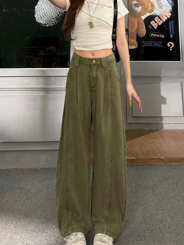 American Retro Military Green Knife  Jeans Women's Summer New High Waist Loose Slimming Casual Wide Leg Pants