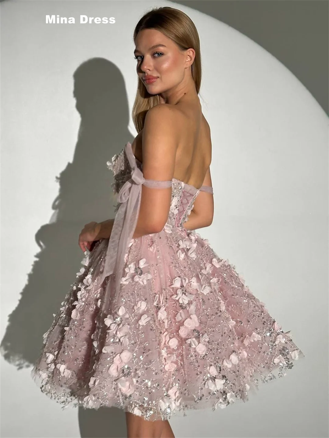 

Mini Long Dresses for Special Occasions Sequins Mina Customized Pink Saudi Women's Evening Dress Flowers Sleeveless Formal Gowns