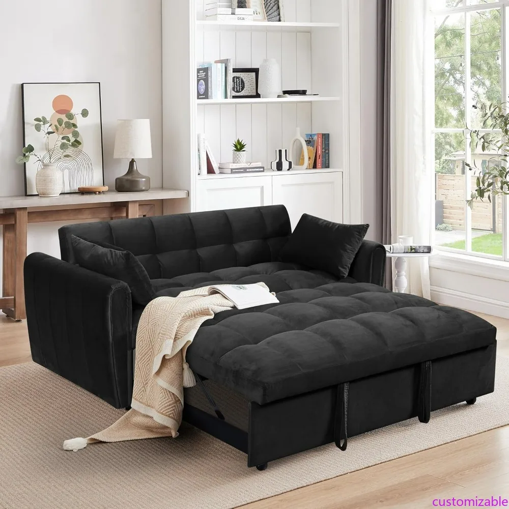 65 أريكة سرير مخملية كبيرة 3 في 1 مع أريكة قابلة للسحب ومسند ظهر قابل للتعديل ووسادتين - أثاث قابل للتحويل #1