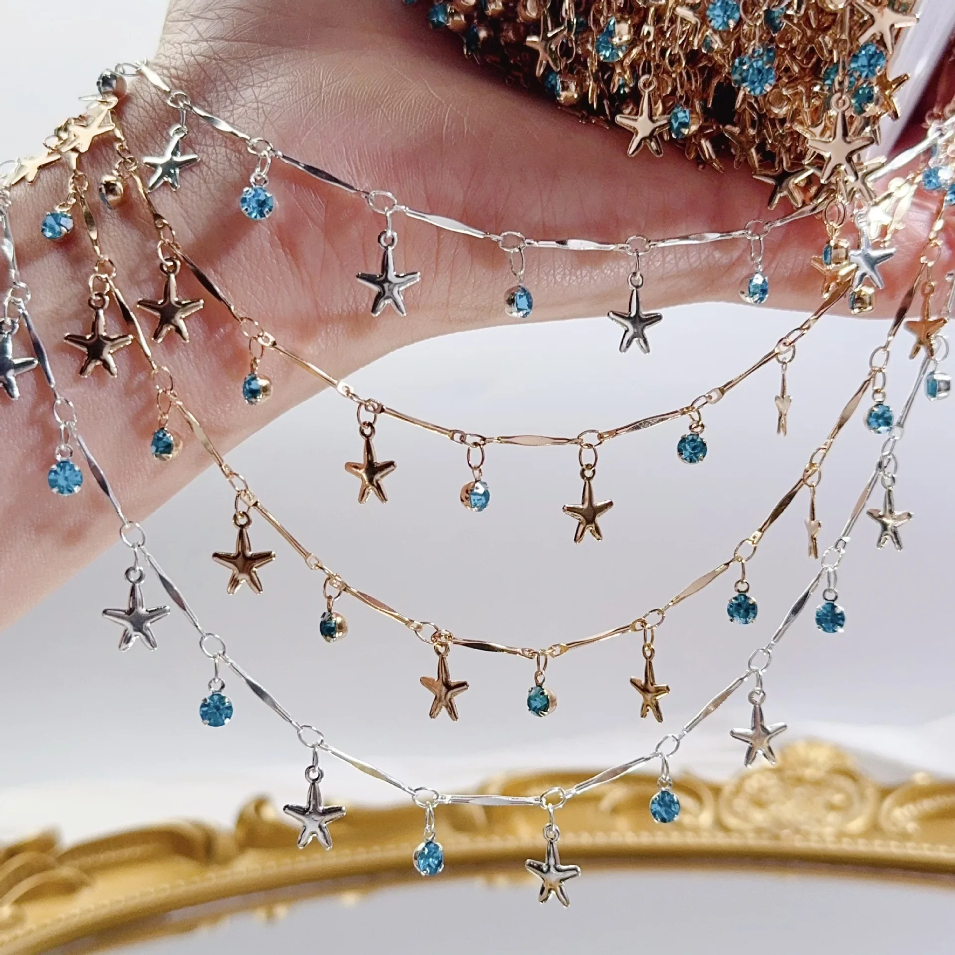 

Wholesale 10M Bohemian DIY Copper Chain Sea Star Lake Blue Diamond Chain Handmake Jewelry Accessories Wedding Tassle Dacoration