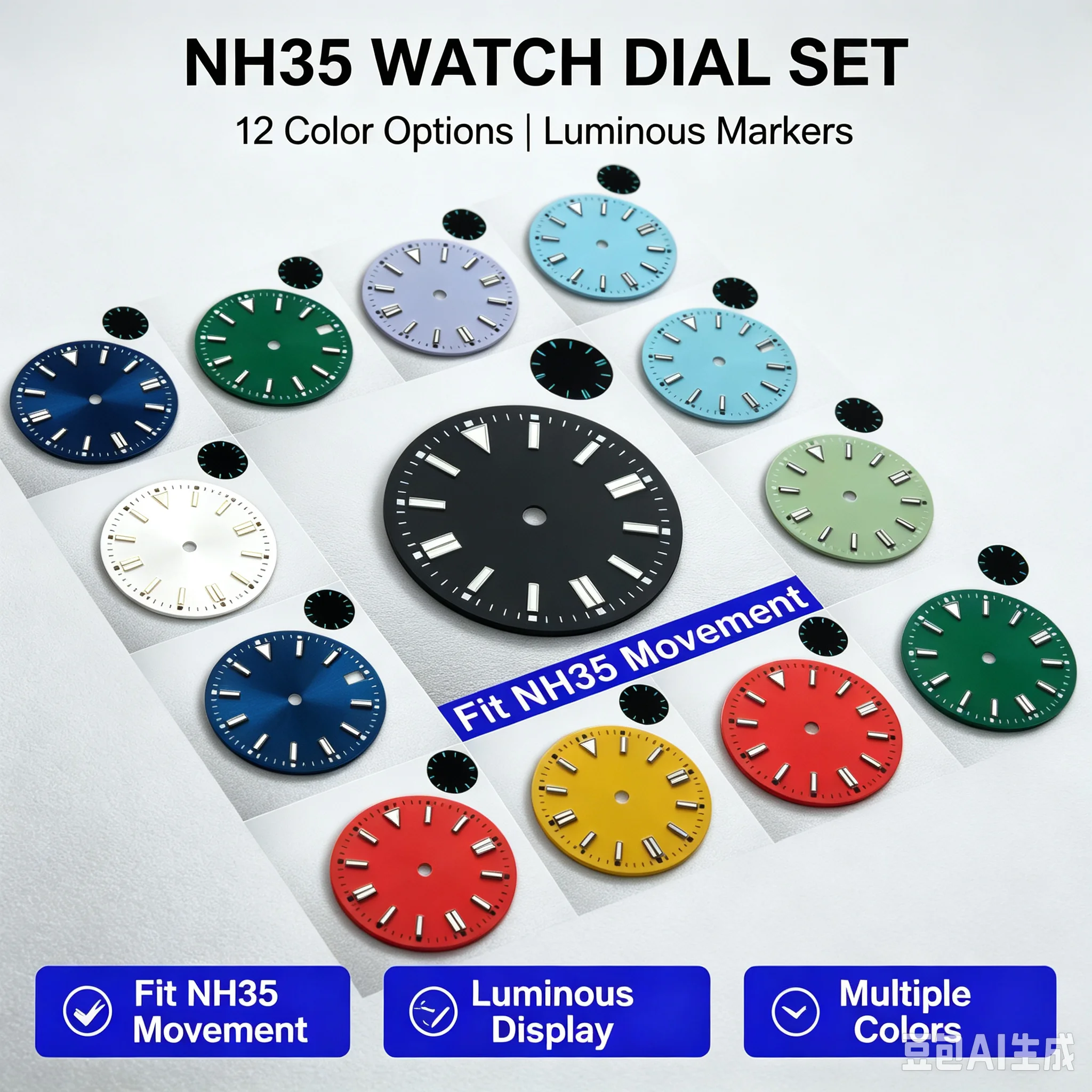 28.5mm Watch Dial for NH35 Movement Blue Green Lume Date Window Men's Watch Mod Replacement Face with Hands