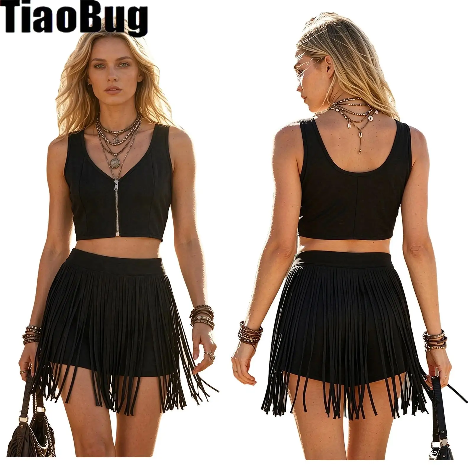 Women Retro Western Cowgirl Outfit V Neck Front Zipper Crop Tank Top And High Waist Fringed Shorts Tassel Culottes Set