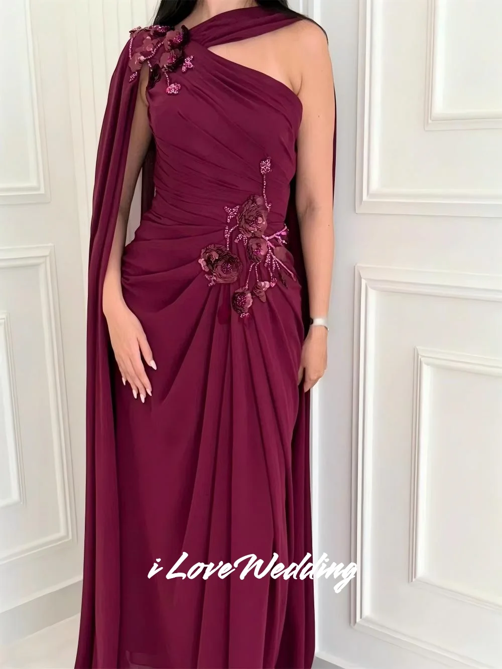 

Fuschia One Shoulder Sleeveless A-Line Prom Dress Beading Sequined Applique Chiffon Bespoke Occasion Dresses Pleated Customized