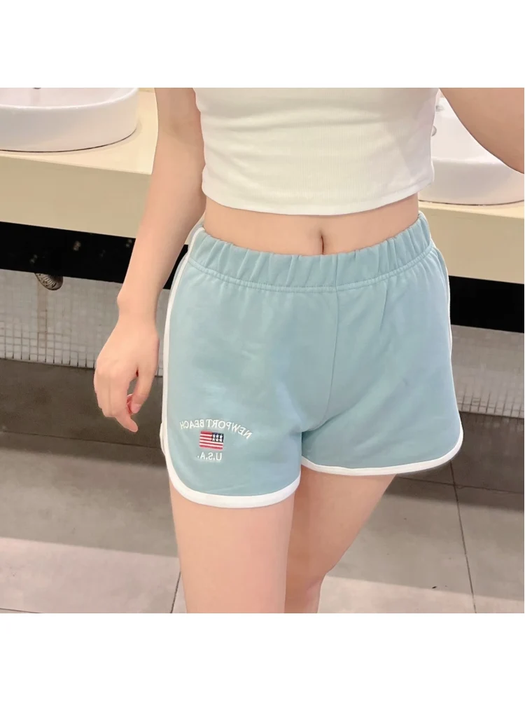 Casual Women Blue Flag Embroidery Short Pants 2022 Summer Fashion Ladies Sporty Female Knitted Shorts