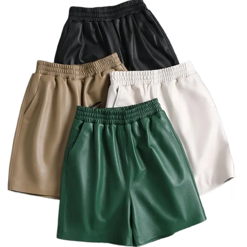 

Tajiyane Real Sheepskin Leather Shorts for Women 2023 High Waisted Short Pants Korean Style Wide Leg Short Elastic Waist Shorts