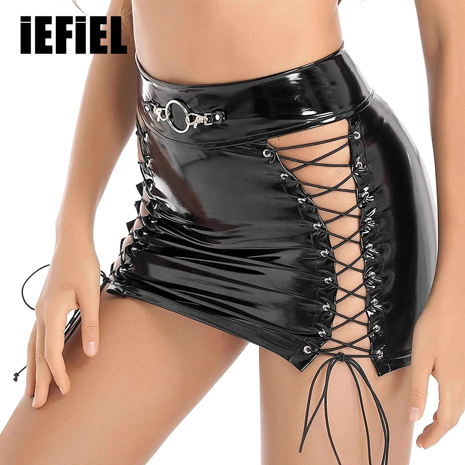 Womens Lace-up Mini Skirt Fashion Hollow Out Clubwear Wet Look Patent Leather Pencil Skirts