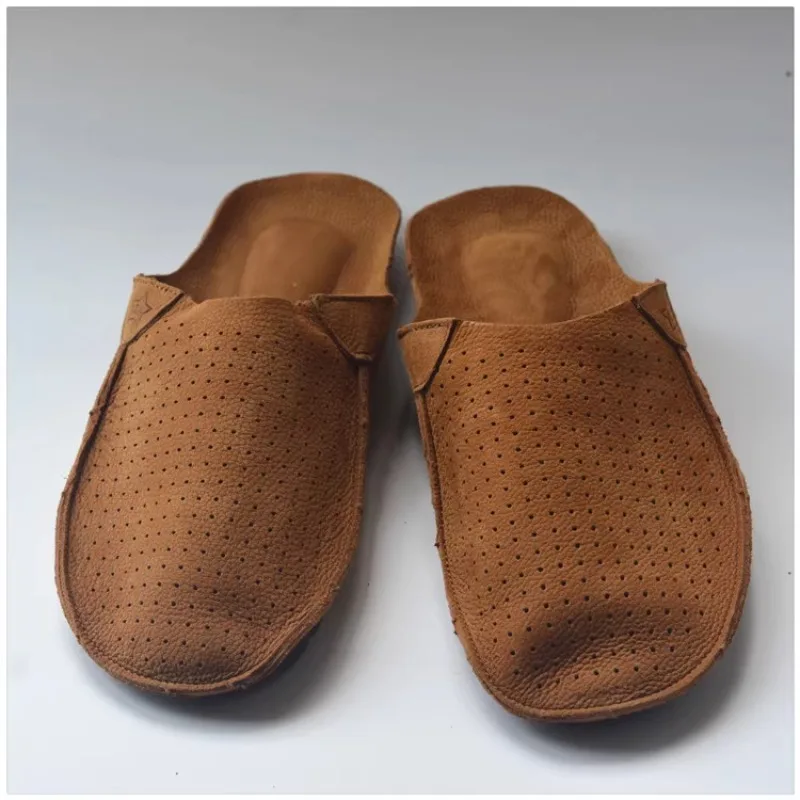 Retro perforated all leather men's slippers, summer cowhide sandals