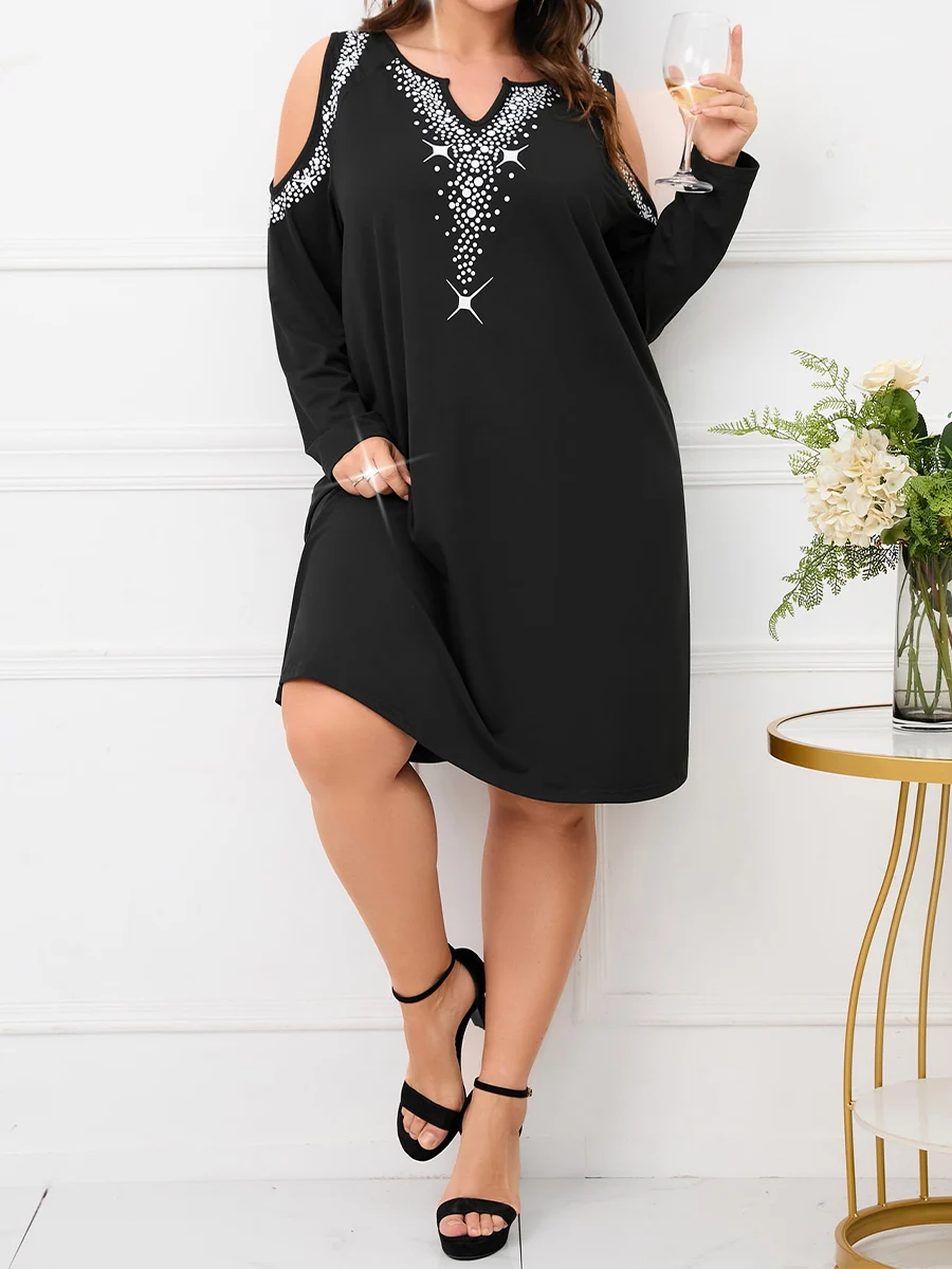 Autumn Trend  Plus Size Dress, Fashionable and Elegant V-neck Positioning Printed  Off-the-shoulder  Medium-length Skirt