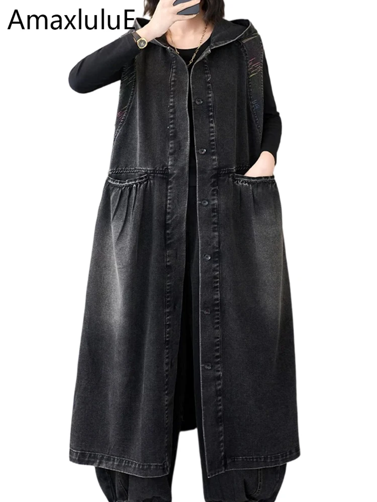 

Amax LuluE Korean Classic Hooded Sleeveless Coats Ladies Casual Vintage Soild Vest Womens Spring Fashion Loose Denim Waistcoats