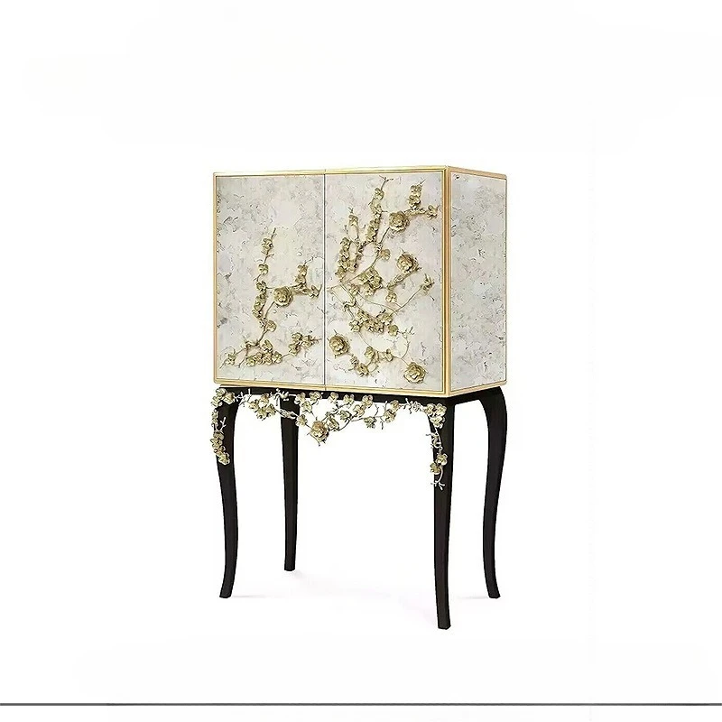 نموذج مصمم لخزانة النبيذ على شكل زهرة نحاسية، وخزانة جانبية لتناول الطعام من الخشب الصلب الراقية، وخزانة تزيين فاخرة للفيلا #1