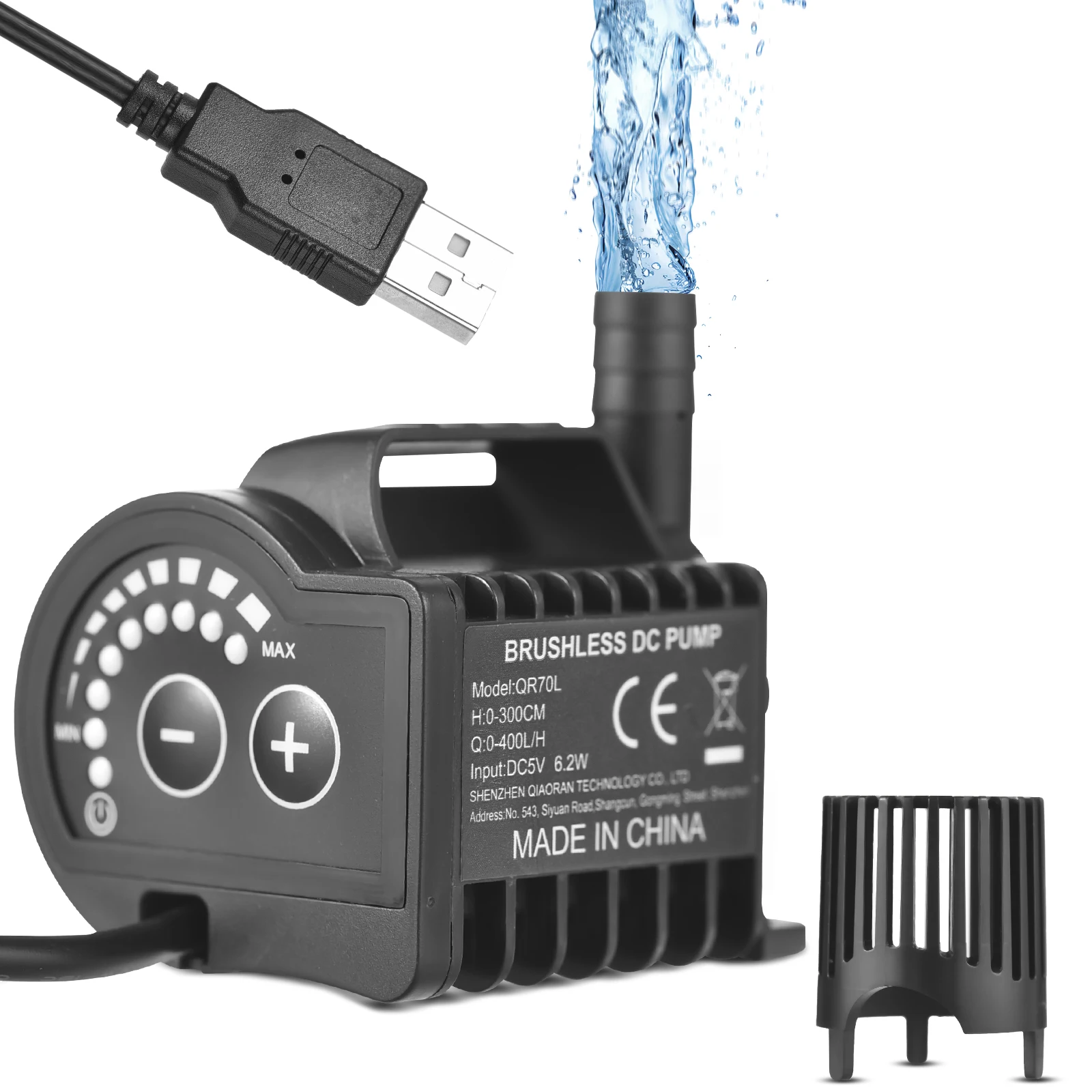 5V Submersible Water Pump 0-600L/H Small Fountain Pump 8 Levels Adjustable with 0-7.2ft Lift USB Charging and Suction Cup Base