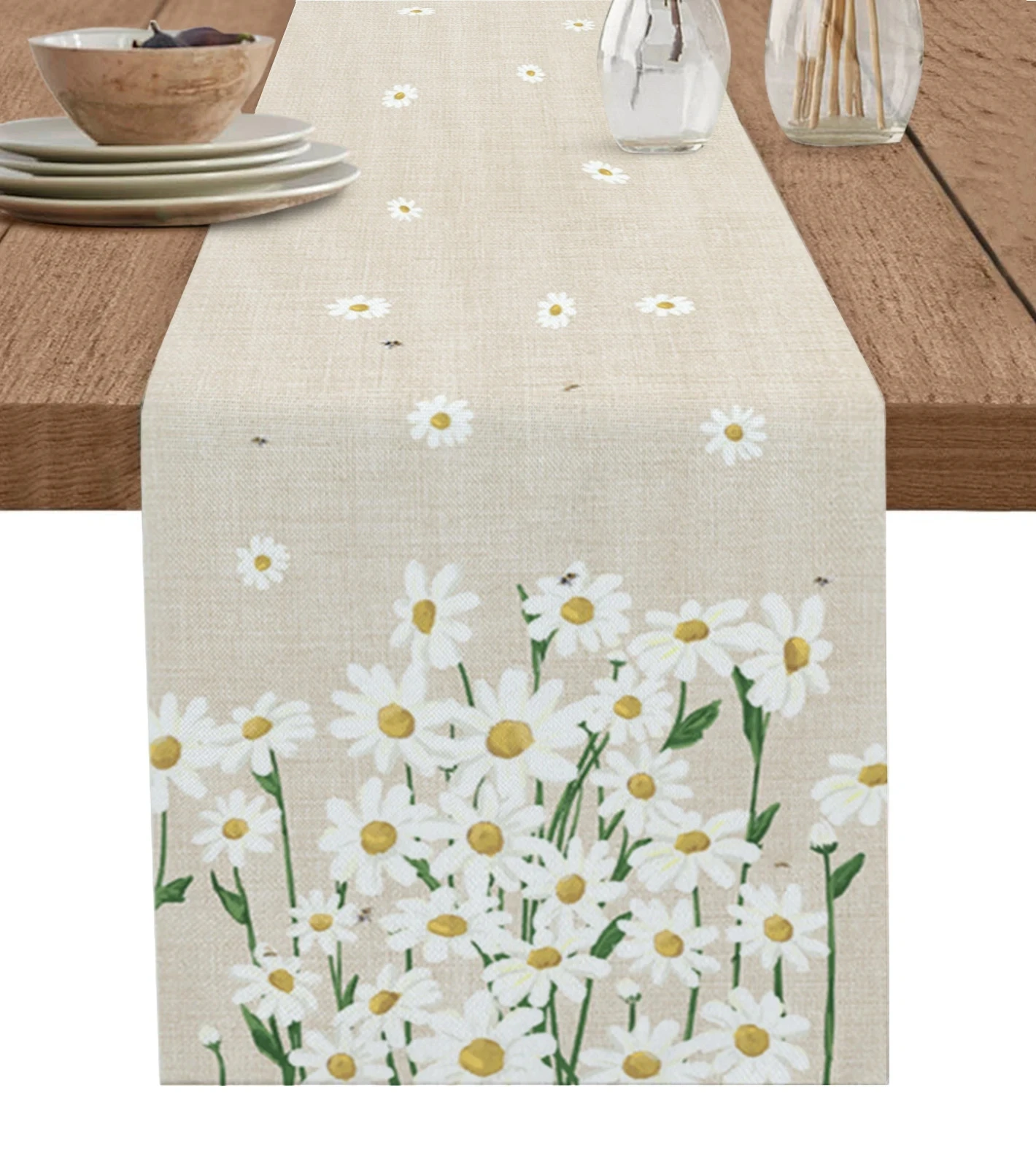 Fresh Style White Daisy Table Runner, Rustic Cotton Linen Wedding Party Dining  Runner Placemat Home Kitchen  Decor