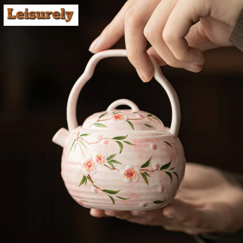 

190ml Hand-painted Peach Blossom Lifting Handle Teapot Antique Tea Infuser Pot Tea Maker Kettle with Filter Tableware Ornaments