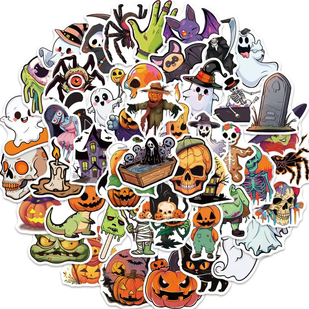 Autocollants de dessin animé d'Halloween pour enfants, fantôme, crâne, Aliments, ordinateur portable, réfrigérateur, jouet JESticker, 50 pièces