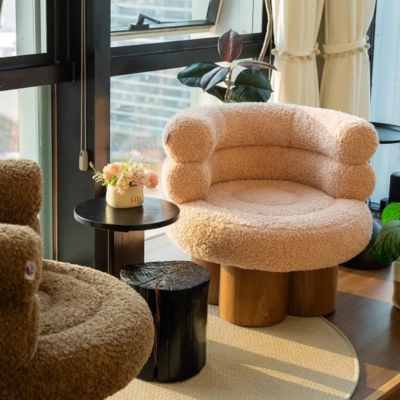 

Living room single sofa casual single chair pink cream style girls small sofa lamb wool
