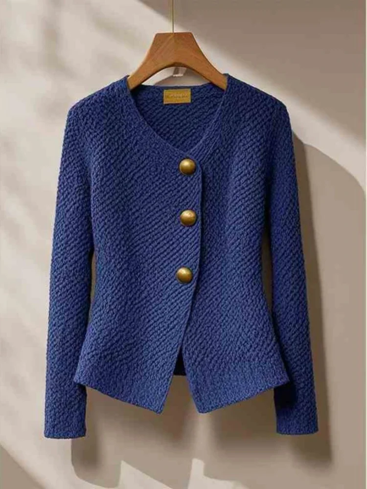 

Autumn Winter High-end Chic Button Knit Cardigan Women's Clothing Trend Wool Sweaters V-neck Slim Blue Sweater Long Sleeve Tops