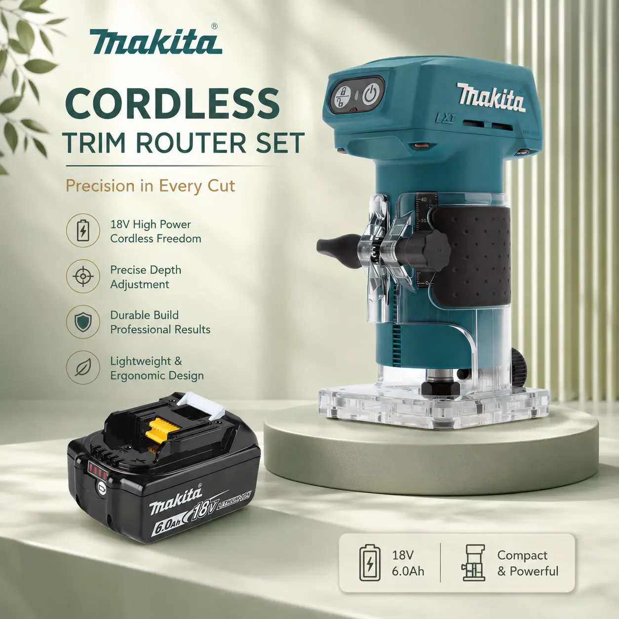 Makita DRT52 Kompakter Akku-Router 18V LXT Power-Plattform, hervorragendes Werkzeug für Renovierungsarbeiten vor Ort, präzises Multi-Tasking bei Kantenbearbeitung und Möbelbau, genaue