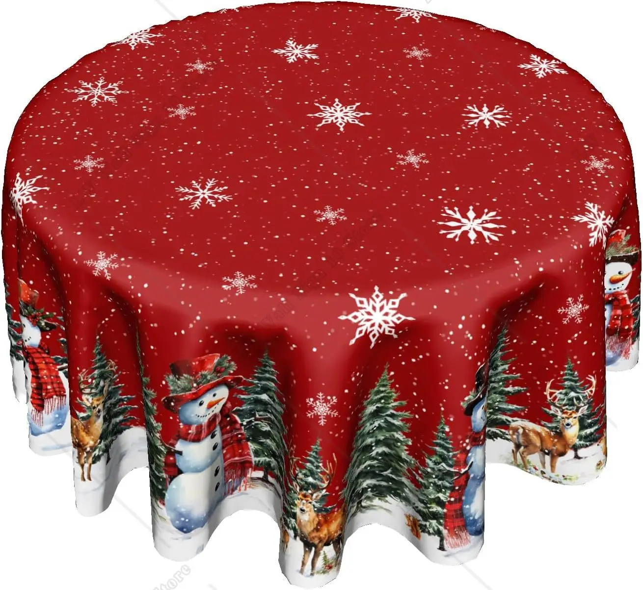 

Christmas Red Round Tablecloth 60 Inch Snowman Winter Snowflake Reindeer Table Cloth for Holiday Family Gathering Dining Party