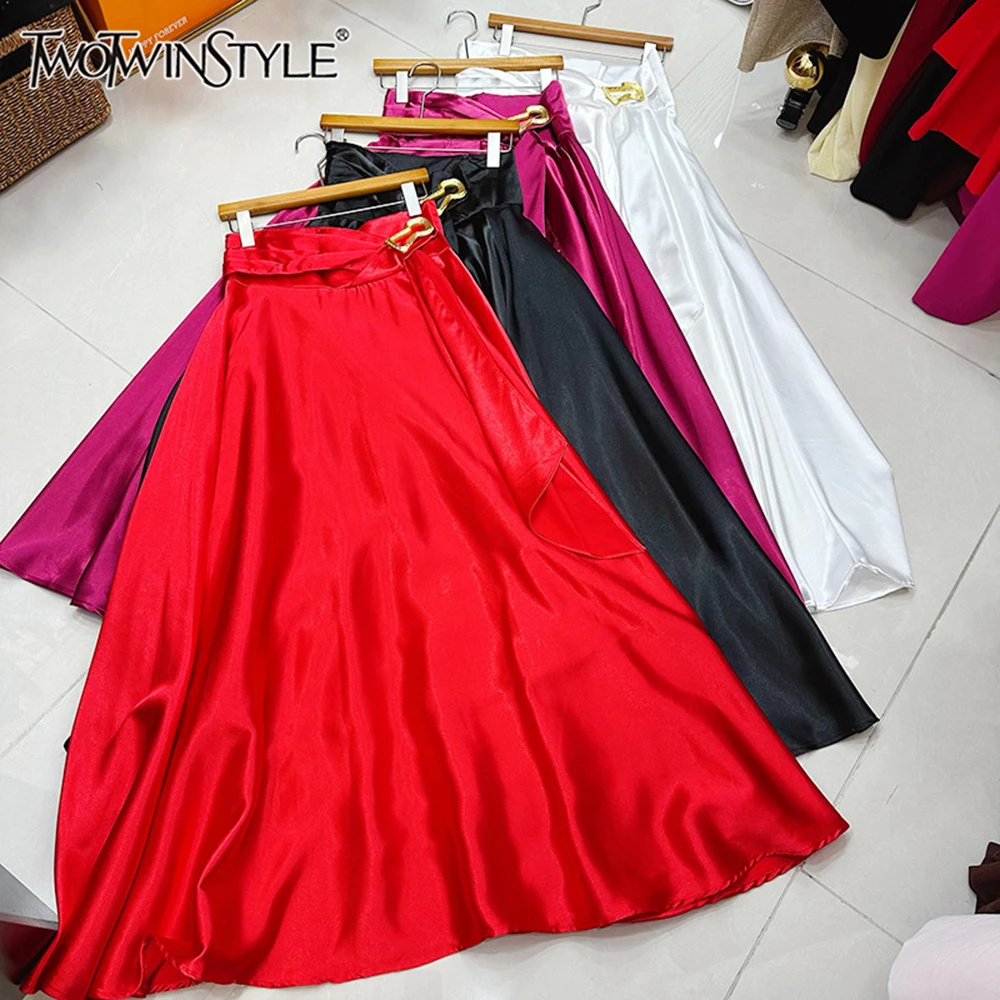 TWOTWINSTYLE Elegant Solid Slimming Long Skirts For Women High Waist Spliced Metal Autumn Chic Skirt Female Fashion KSK554523