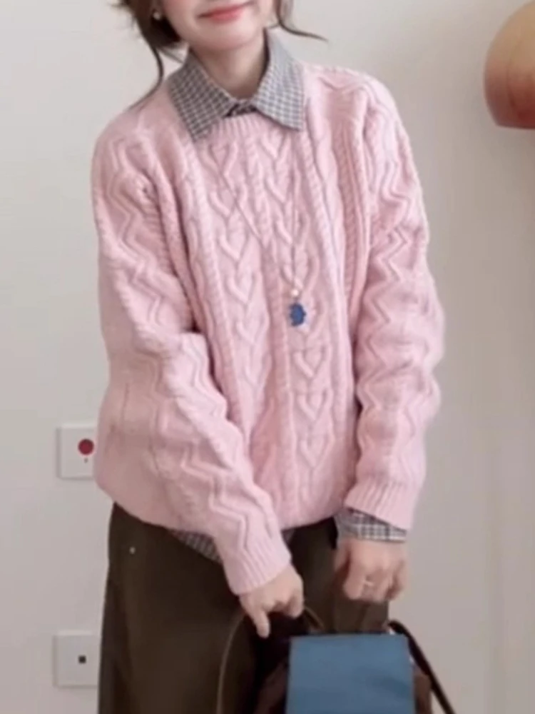 الكورية الأزياء لينة الوردي كابل متماسكة سترة ناعمة المرأة فضفاضة طويلة الأكمام الخريف الشتاء جديد مريح البلوز شيك كسول نمط الزي #5